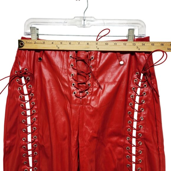 Red Lace-Up Womens Faux Leather Pants With Grommet Details & Flared Legs Size L - Picture 6 of 10